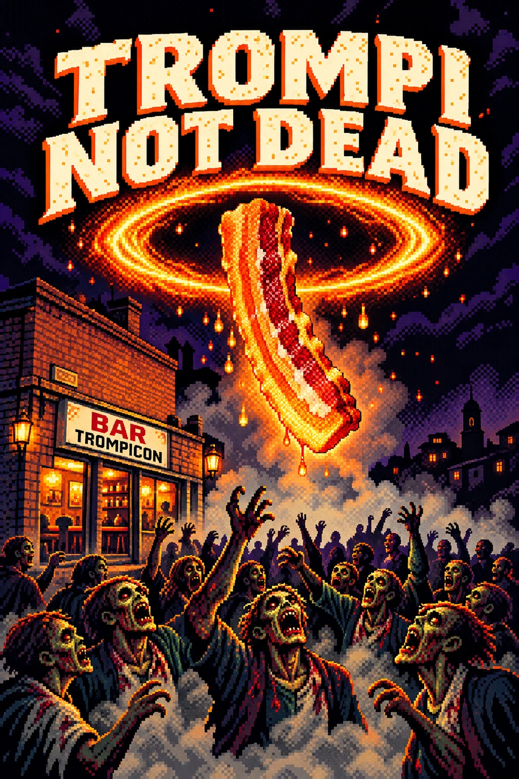 Portada de Trompi Not Dead: un torrezno gigante arde sobre el bar Trompicón, rodeado de zombis.